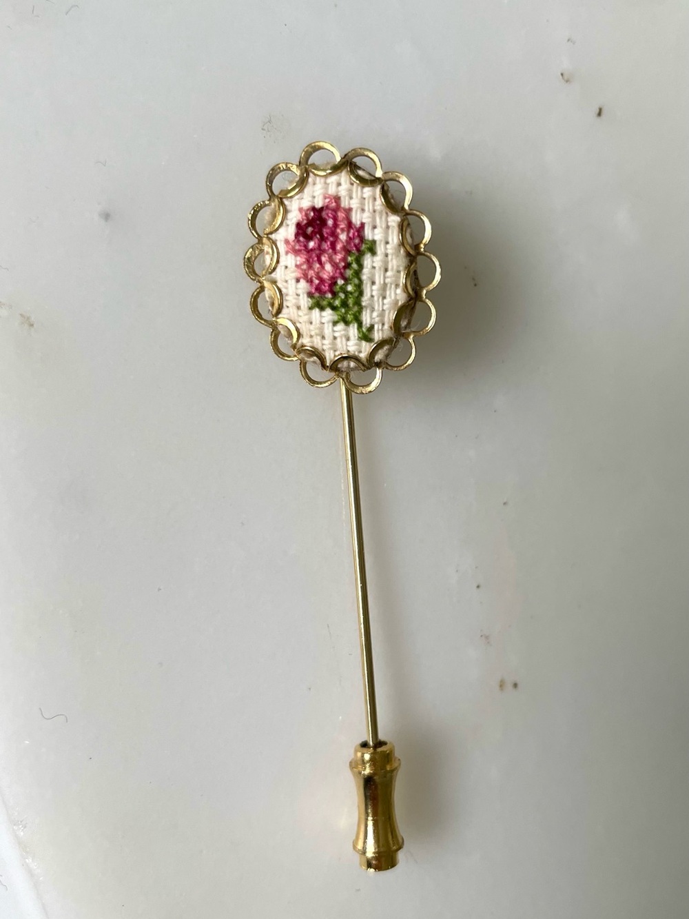 Gold Stick Pin with Hand-Embroidered Pink Rose